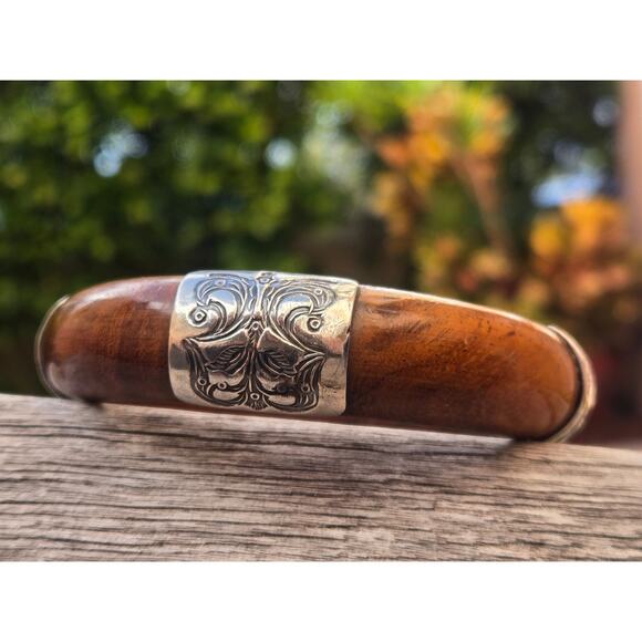 Vintage Silpada Etched Sterling Silver and Wood Bangle Bracelet, 2007 B1490 - Picture 2 of 8
